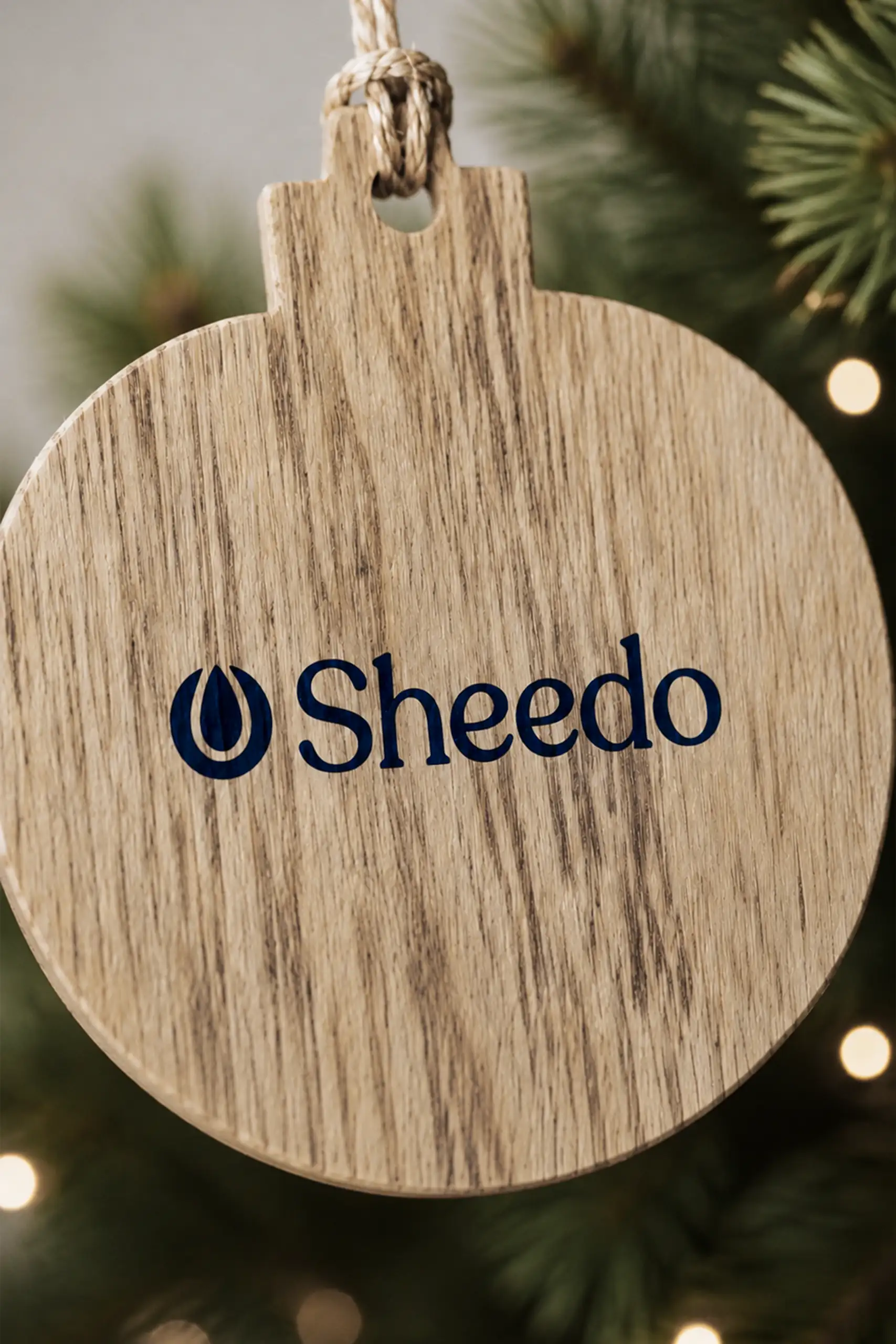 Extreme close-up of the "Sheedo" logo engraved on a bauble-shaped wooden Christmas ornament, showing the detail of the wood grain and the tree lights in the background.