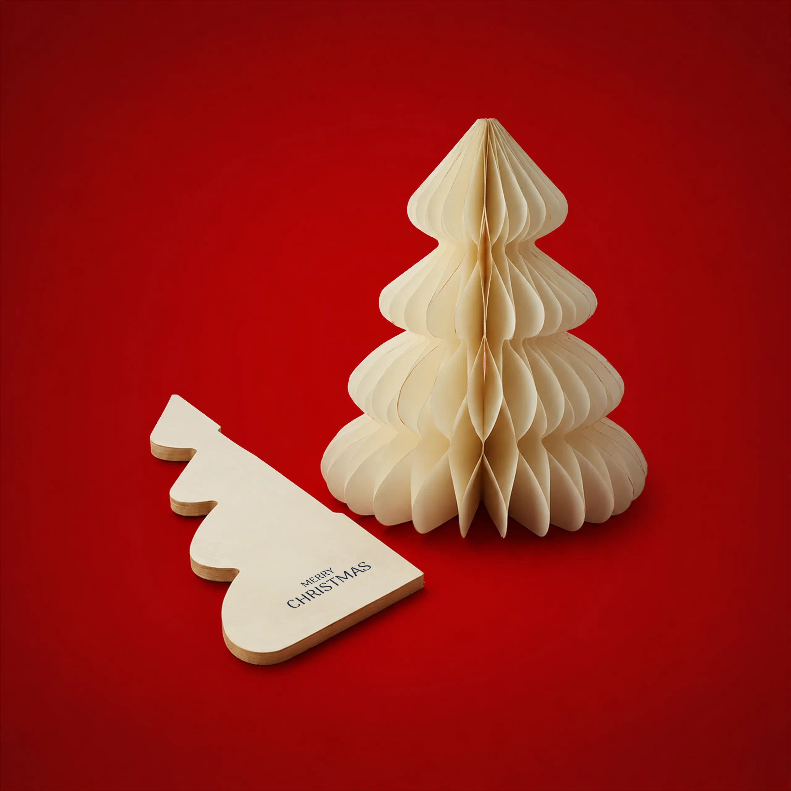 Decorative honeycomb-fold paper Christmas tree, next to a personalised tree-shaped piece with the "Merry Christmas" message, on a red background.