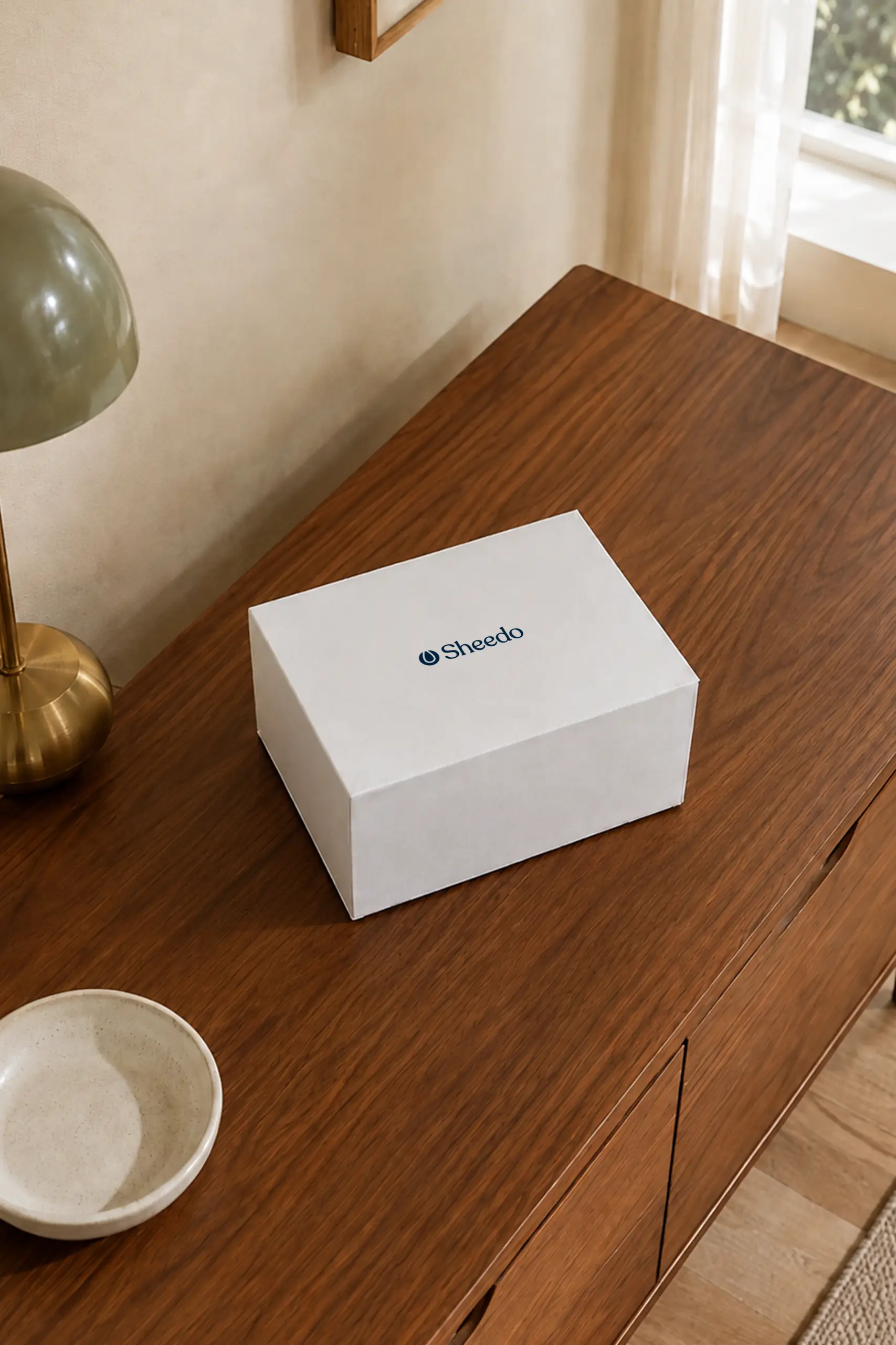 Caja de regalo blanca con el logotipo "Sheedo" grabado, colocada sobre un mueble de madera oscura junto a una lámpara dorada, un cuenco de cerámica y una ventana con cortina, en un ambiente decorativo de interior.