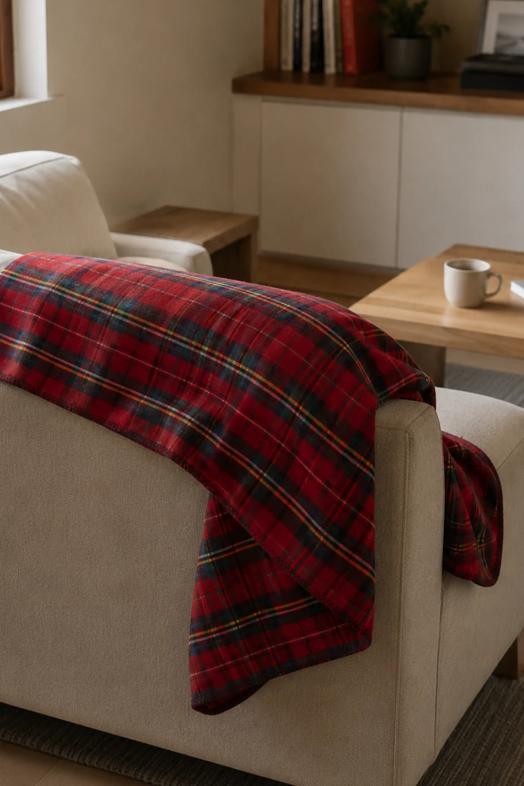 Primer plano de la manta polar de cuadros escoceses colocada sobre el brazo de un sofá en un salón, con una mesa auxiliar con una taza de café al fondo.