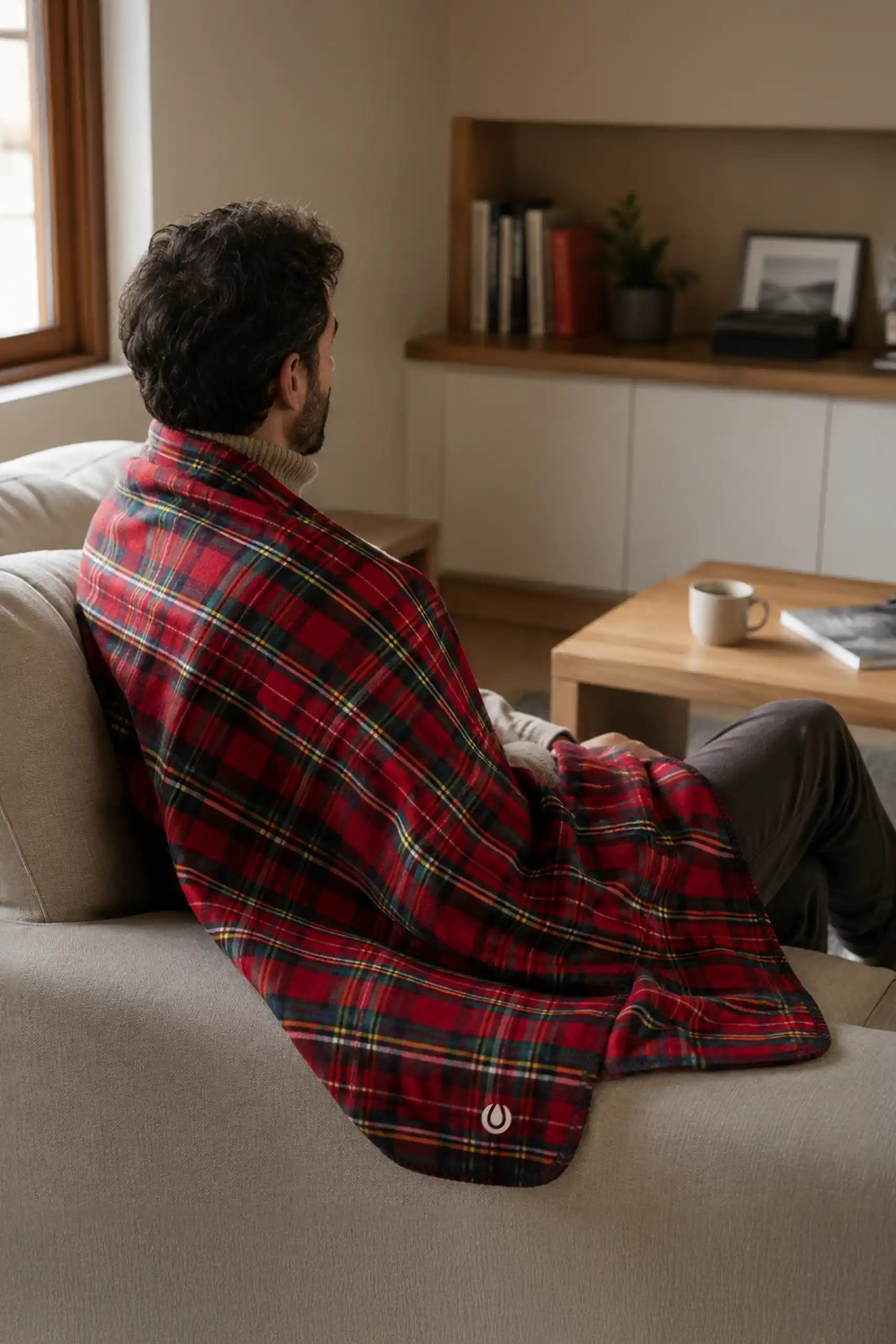 Hombre sentado en un sofá envuelto en la manta polar de cuadros escoceses, en un salón con estanterías de madera, una mesa auxiliar con una taza y un libro.