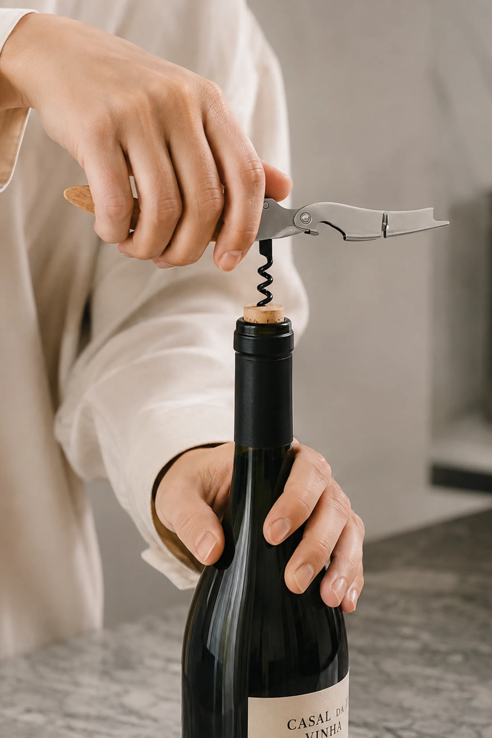 Persona abriendo una botella de vino con un sacacorchos de madera con logotipo, insertando la espiral en el corcho junto a la etiqueta de la botella.