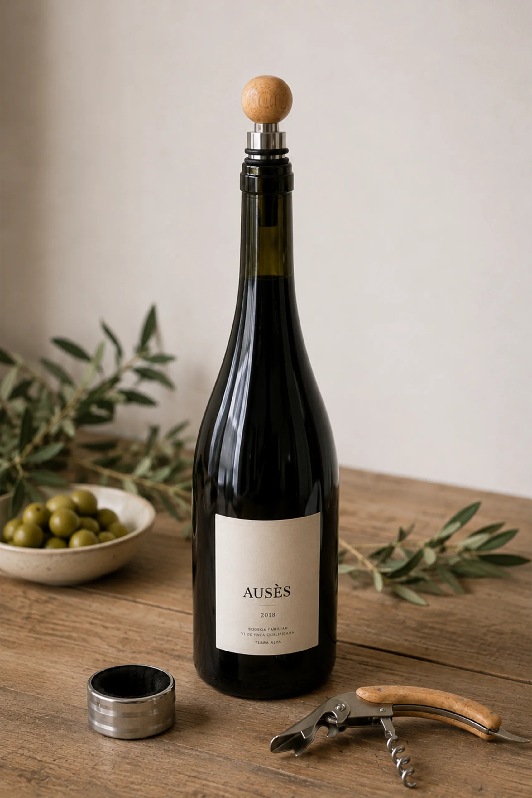 Botella de vino "Ausès" con el tapón de madera personalizado colocado en el cuello, junto al anillo antigoteo y el sacacorchos, sobre una mesa de madera con aceitunas y ramas de olivo de fondo.
