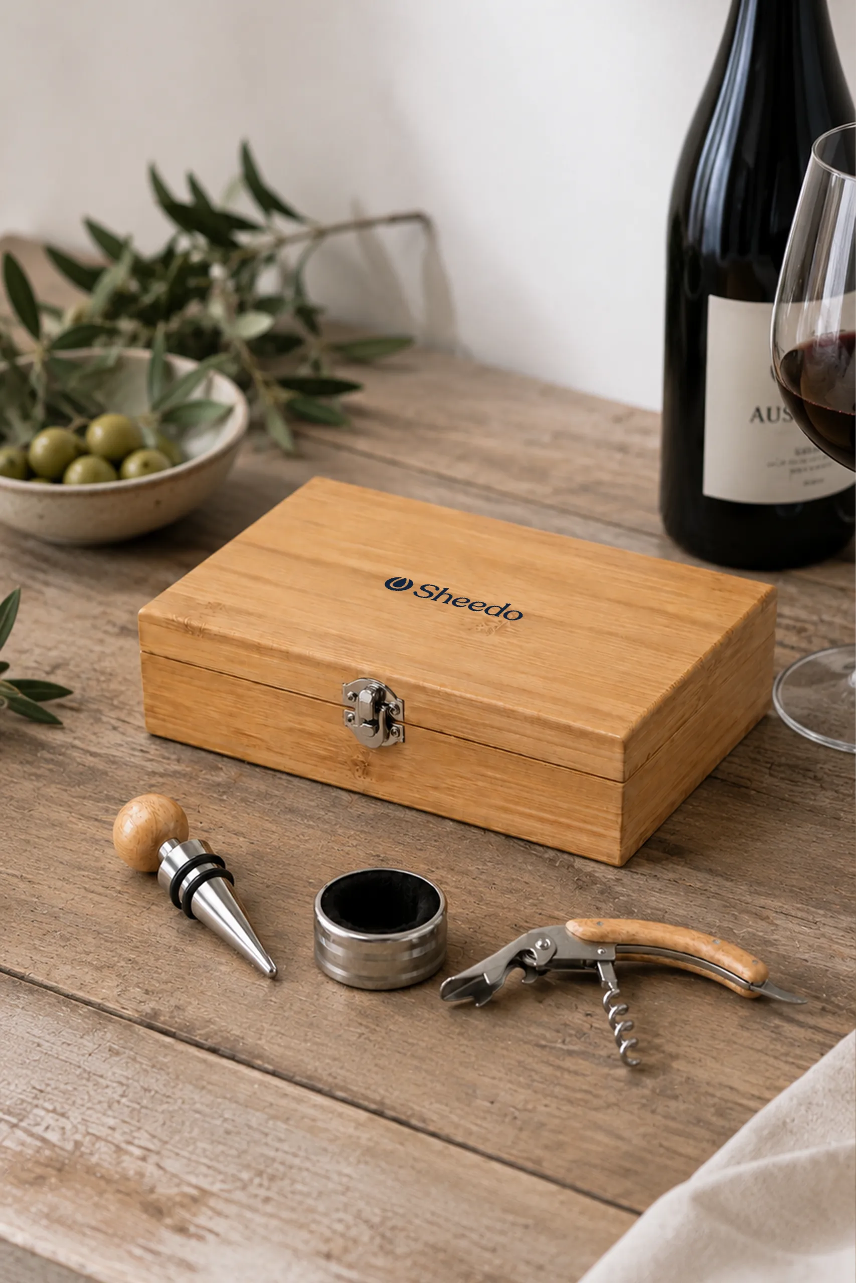 Set de vino personalizado con caja de bambú y logotipo "Sheedo" grabado, acompañado de tapón, anillo antigoteo y sacacorchos, sobre una mesa de madera junto a una botella de vino, una copa y un cuenco de aceitunas.