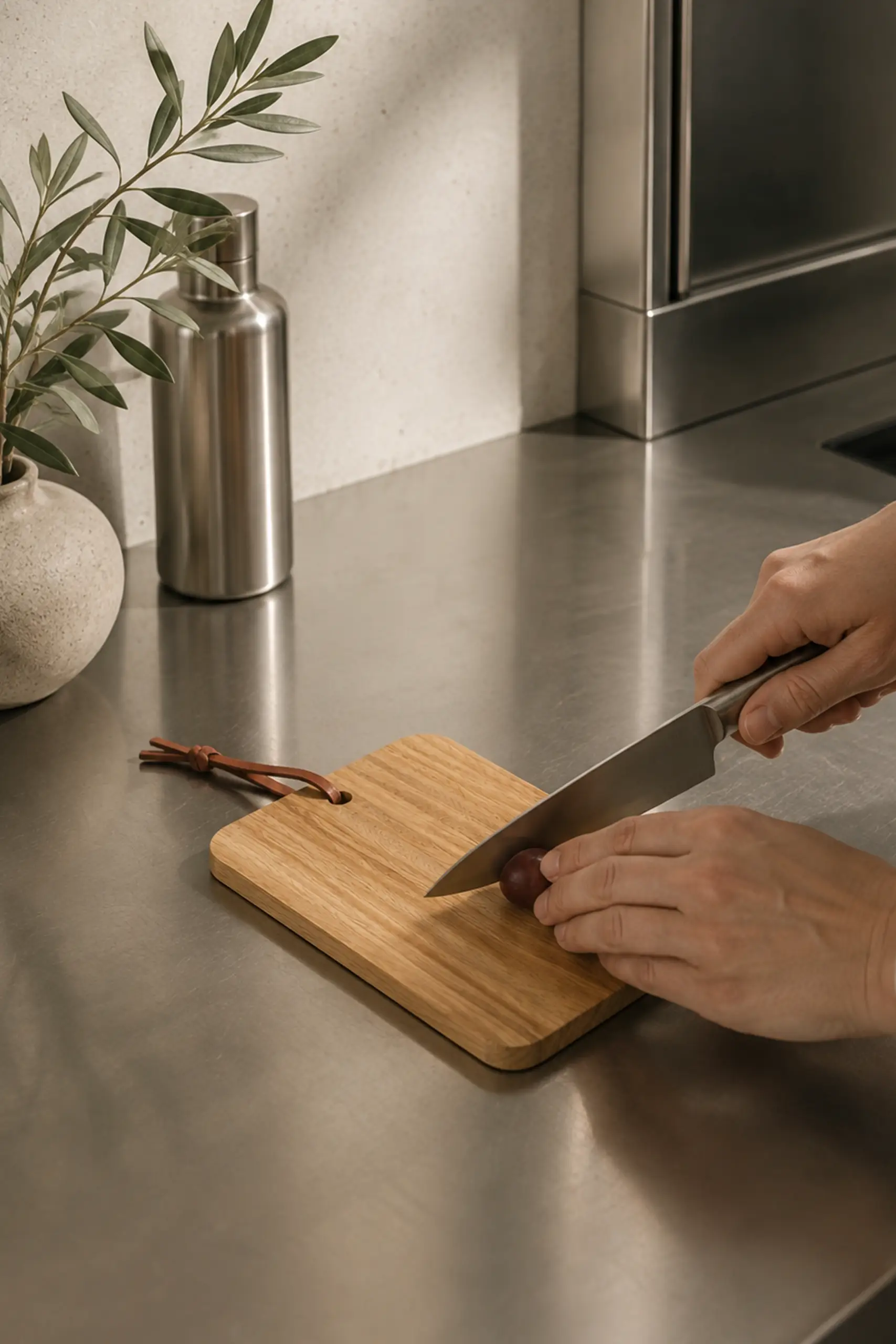 Tabla de cortar de madera_PARMA Tabla de cortar de madera con el logotipo "Sheedo" grabado, colgada de un riel metálico de cocina mediante su cordón de cuero, junto a un cazo y un cuenco de cerámica.