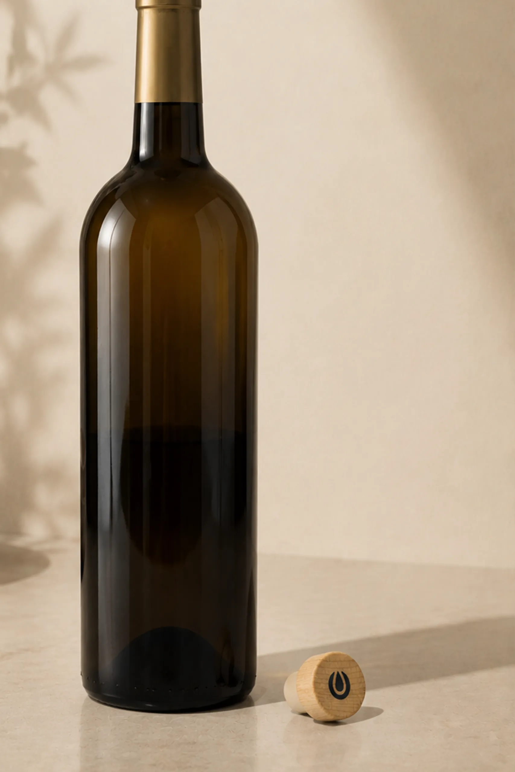 Amber glass bottle with a gold collar next to the reusable wooden stopper placed separately on the surface, showing the logo engraved on top.