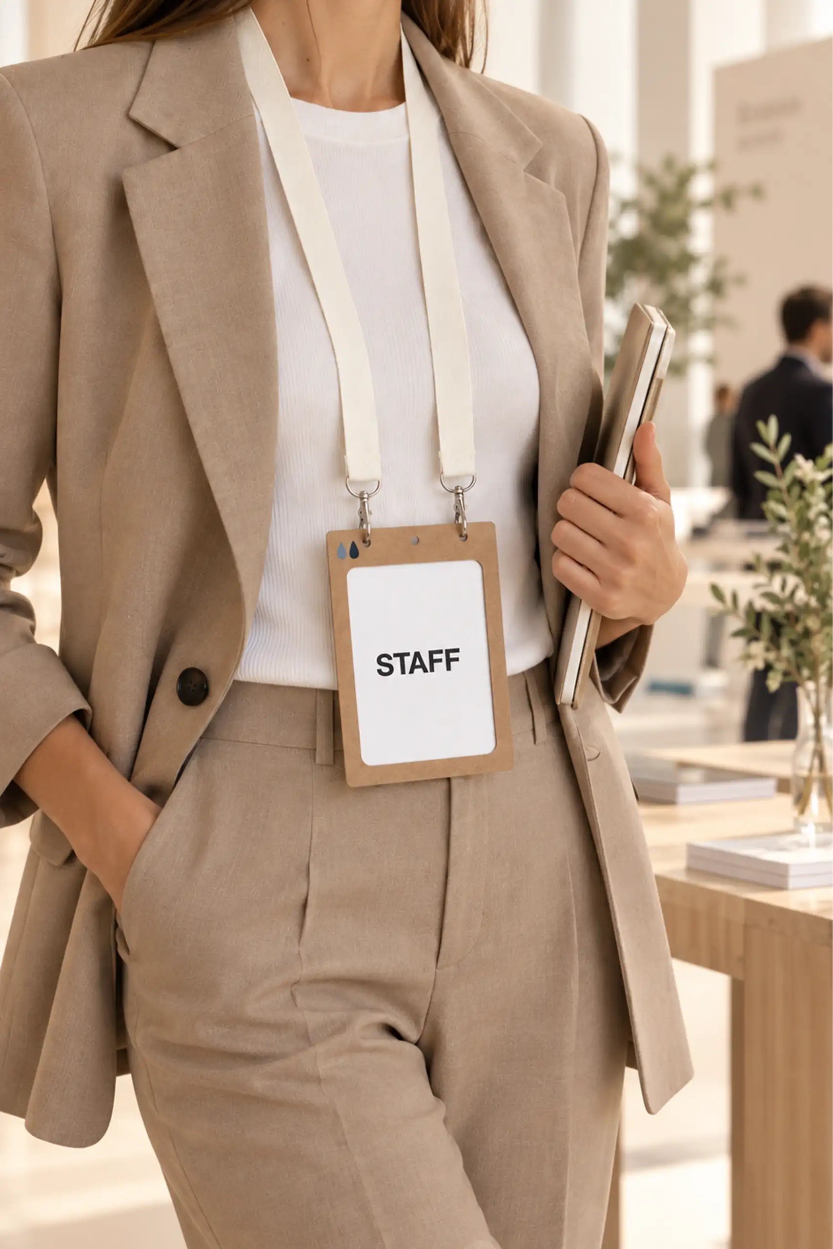 Mujer con traje beige y carpeta en la mano que lleva una funda de acreditación A6 de cartón kraft con tarjeta «STAFF» en un espacio de eventos.