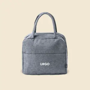 Bolsa nevera rPET gris jaspeado con asas, bolsillo frontal y logo impreso en blanco