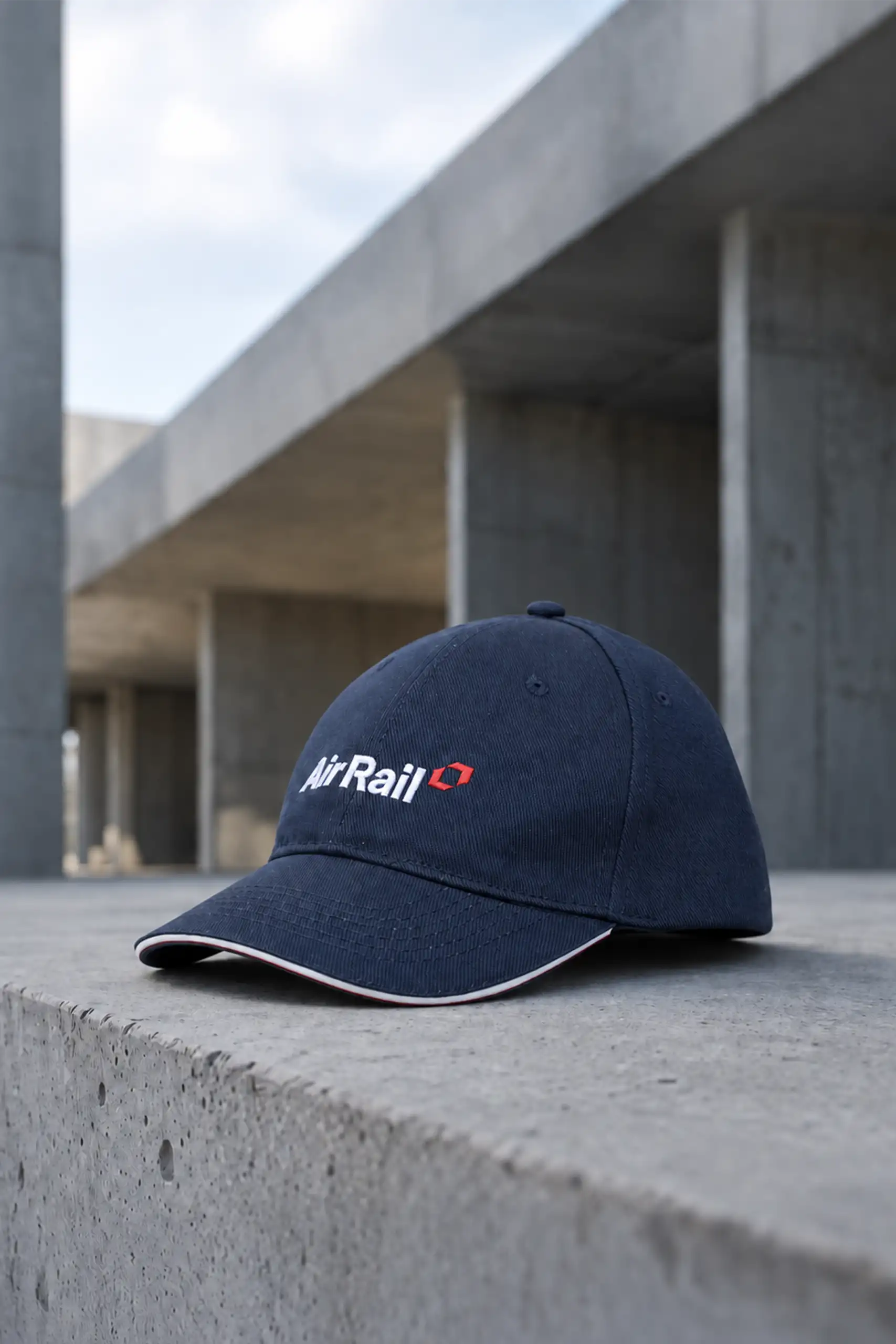Navy 100% cotton cap customised for Air Rail, with the logo embroidered in white and red and white piping on the peak, resting on a concrete block in an architectural setting.