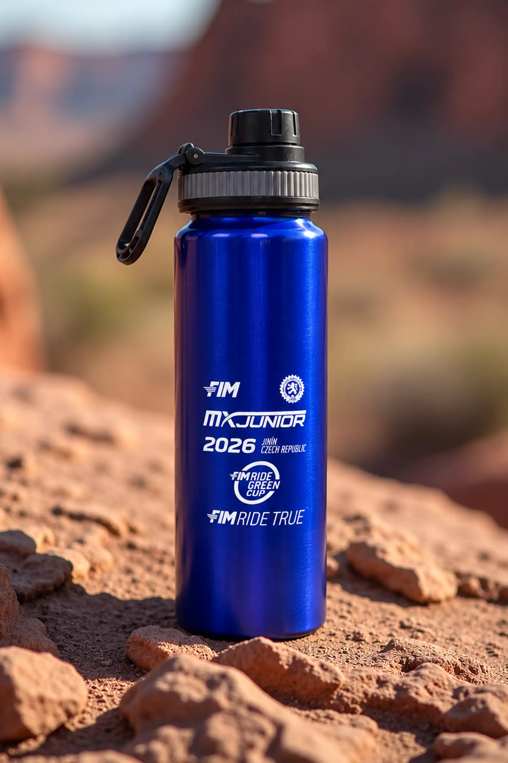 Custom sports bottle for FIM in blue aluminium with a black cap and carabiner handle, printed with MX Junior 2026 Jinín (Czech Republic) logos, standing on reddish rocks in a desert landscape.