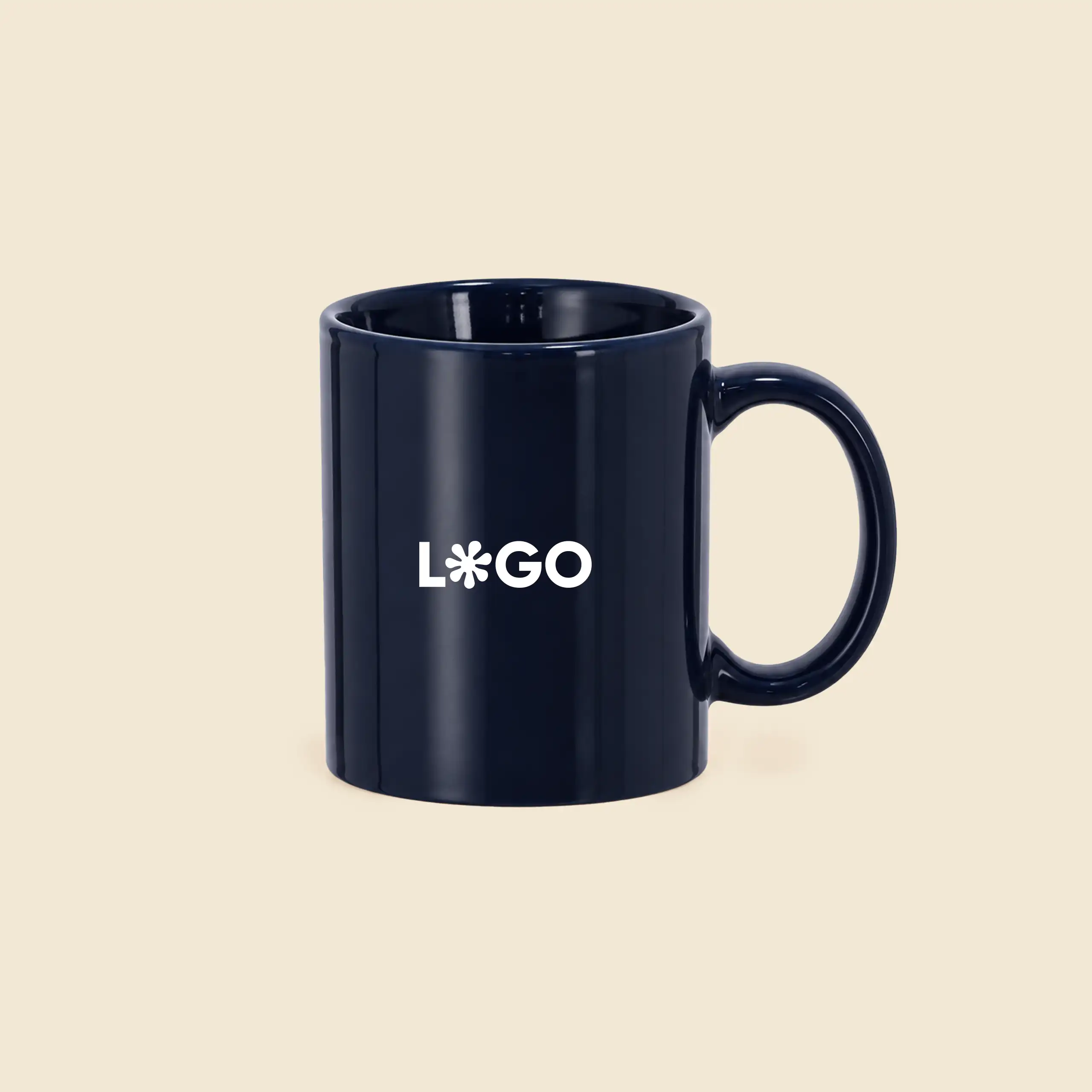Taza de cerámica personalizada color azul marino con logo impreso en blanco