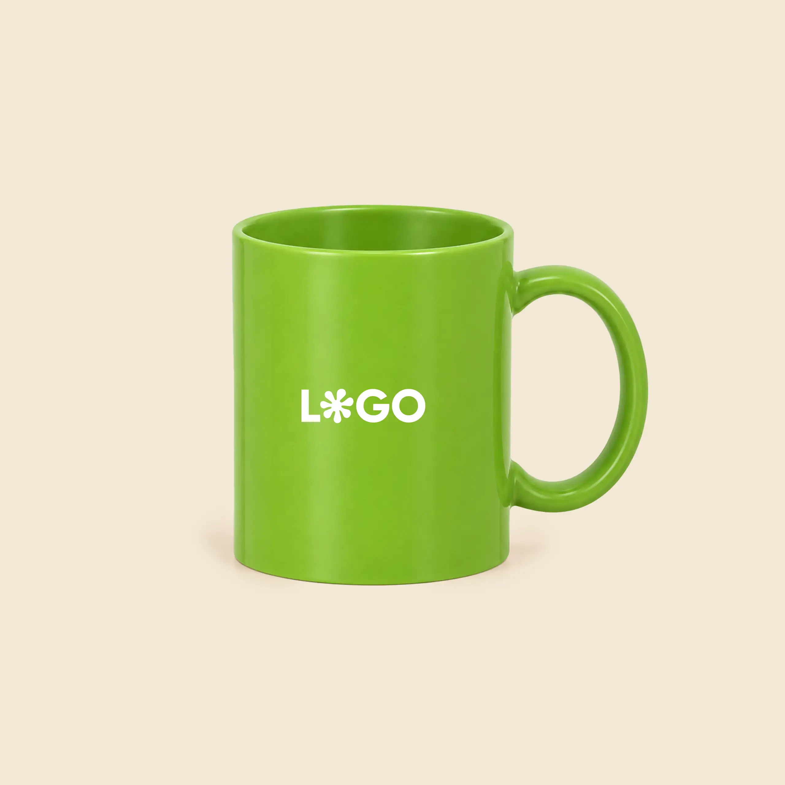 Taza de cerámica personalizada color verde con logo impreso en blanco