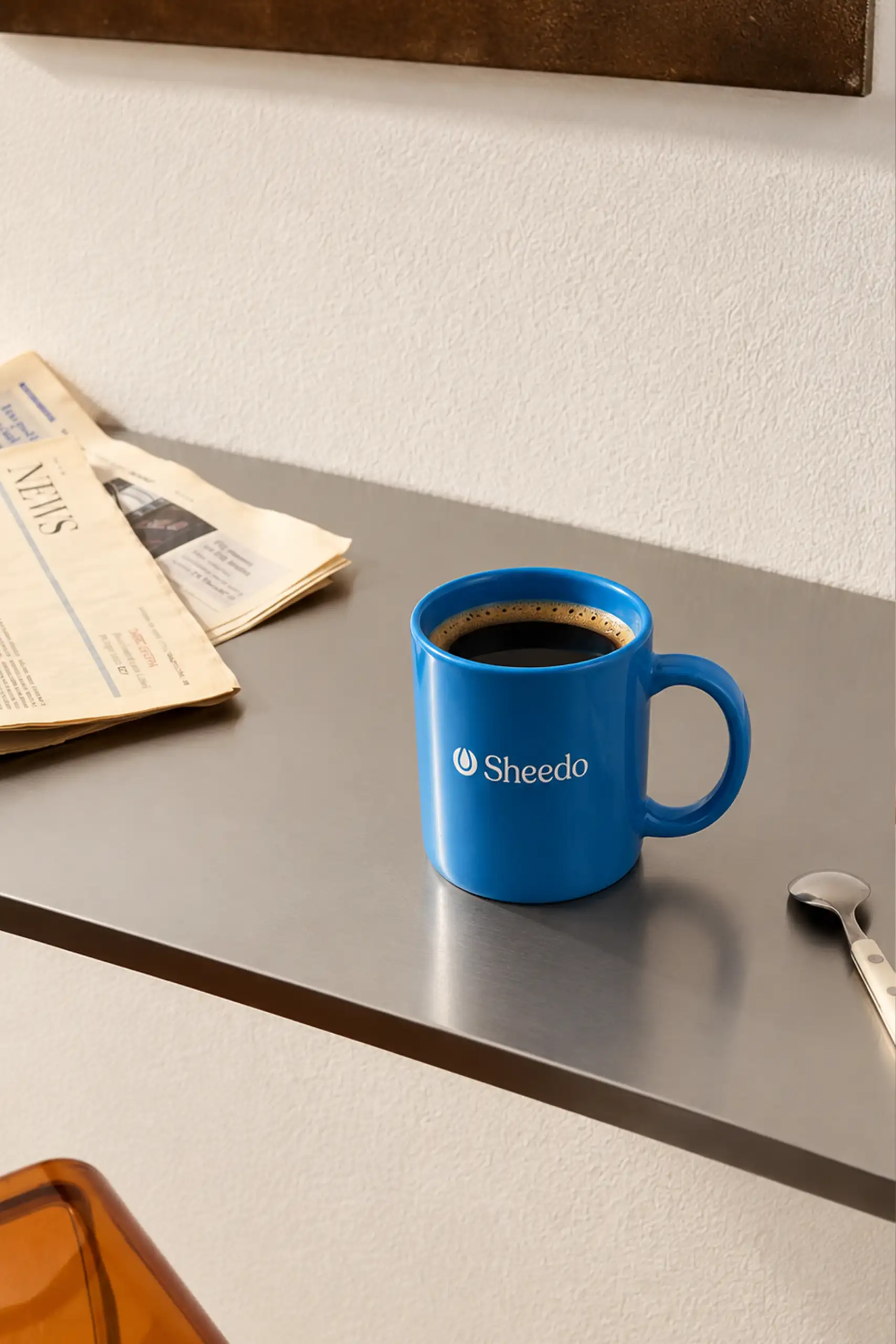 Taza de cerámica personalizada azul con logo Sheedo y café recién hecho sobre una repisa de acero con periódico y cucharilla
