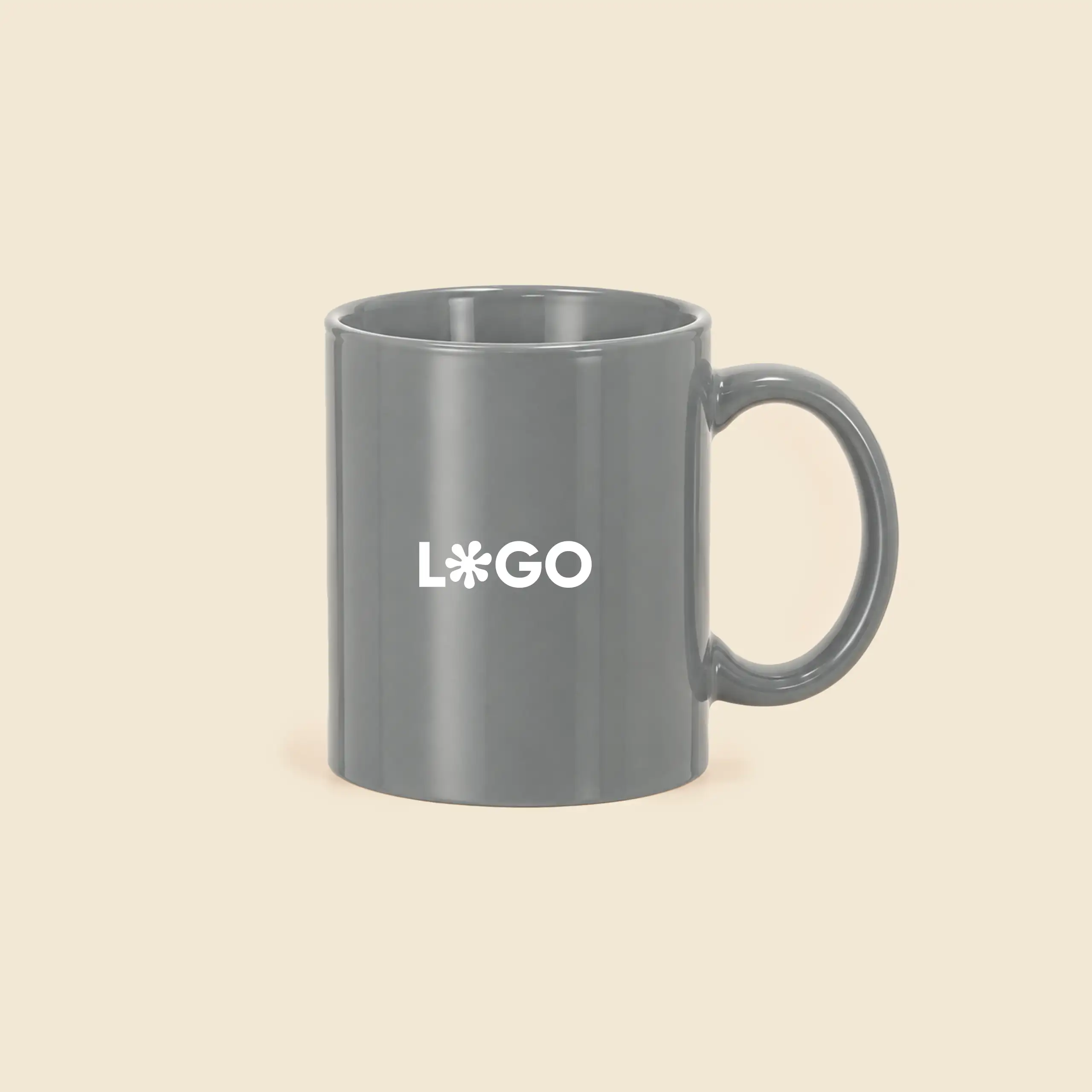 Taza de cerámica personalizada color gris con logo impreso en blanco