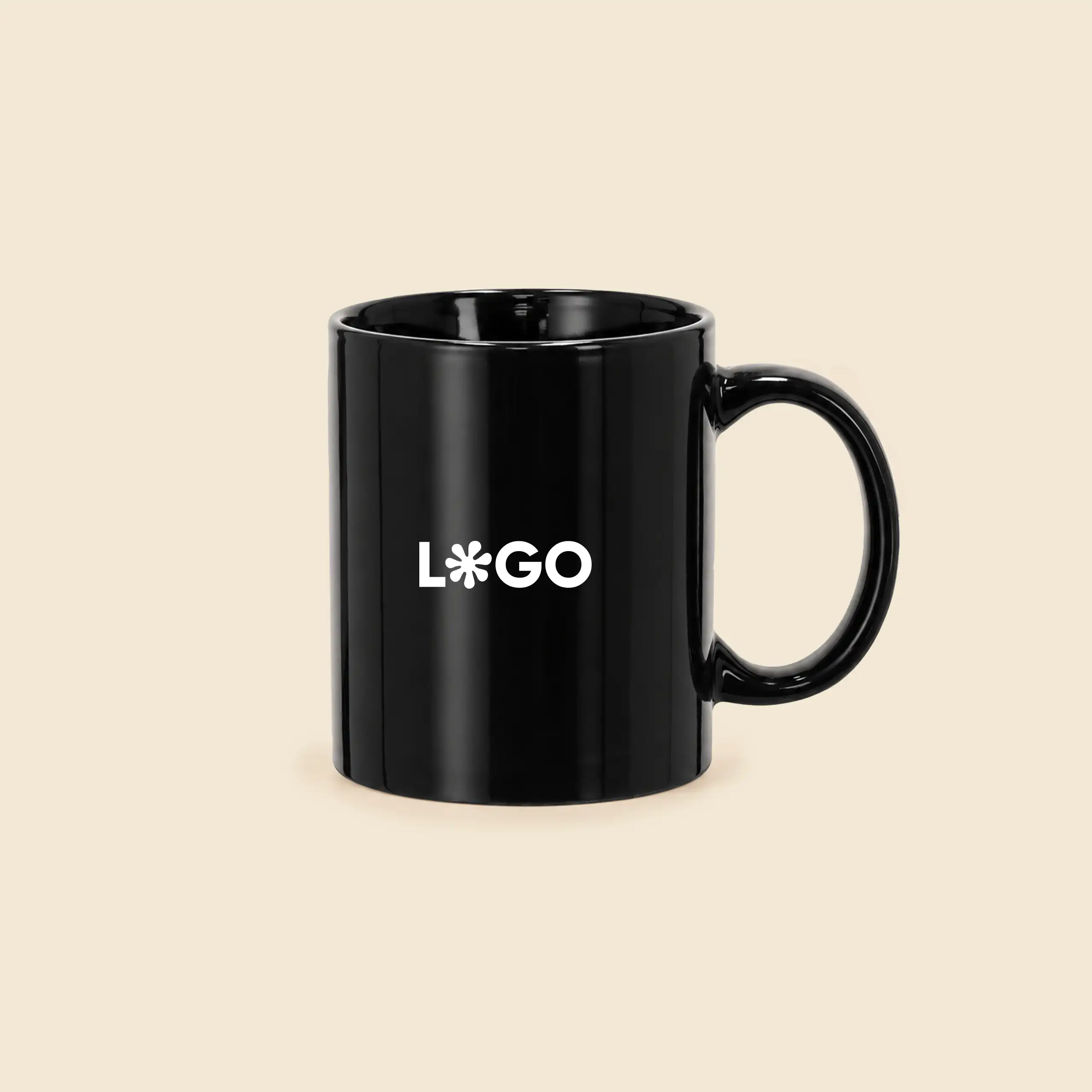 Taza de cerámica personalizada color negro con logo impreso en blanco