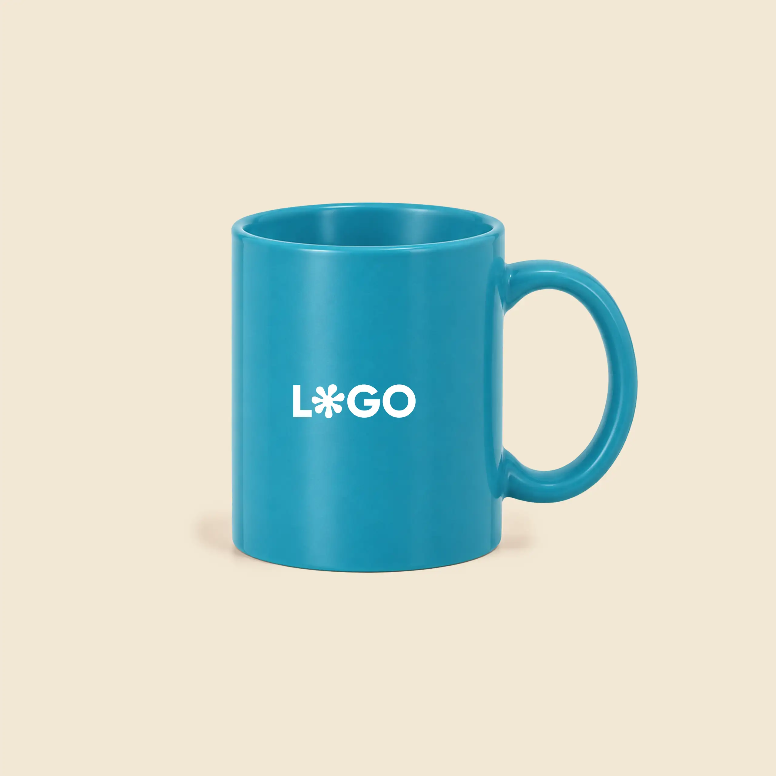 Taza de cerámica personalizada color azul con logo impreso en blanco