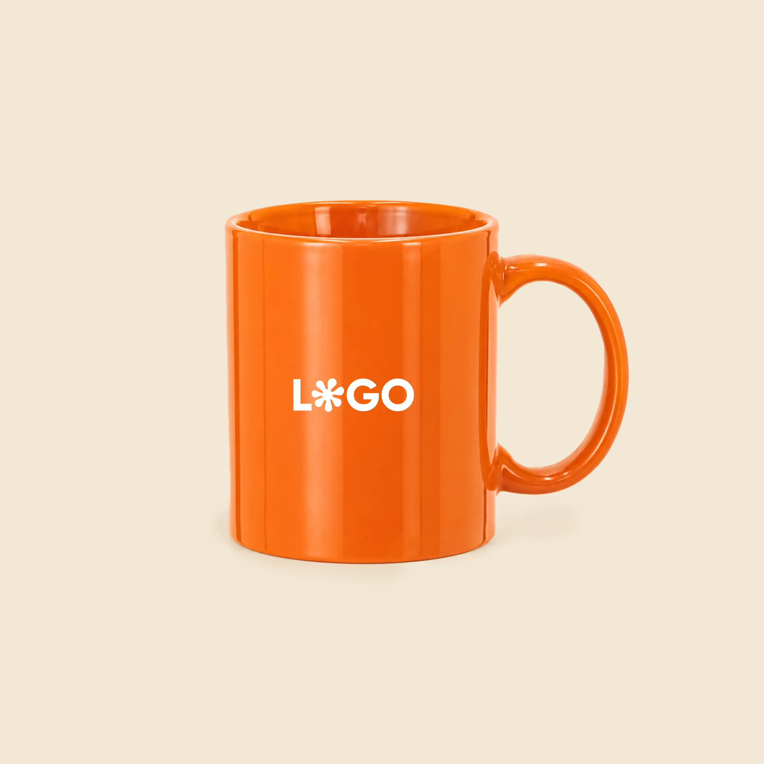 Taza de cerámica personalizada color naranja con logo impreso en blanco