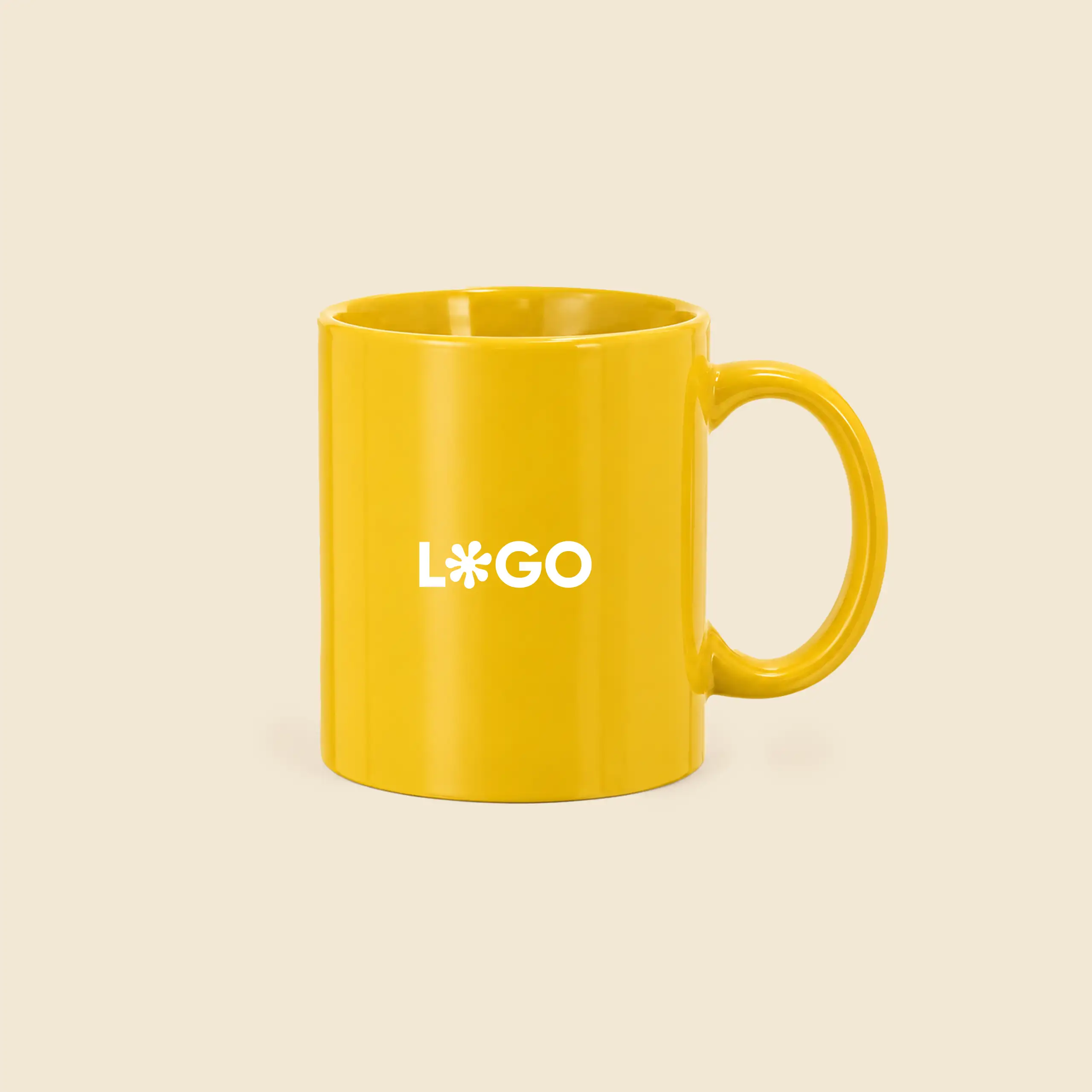 Taza de cerámica personalizada color amarillo con logo impreso en blanco