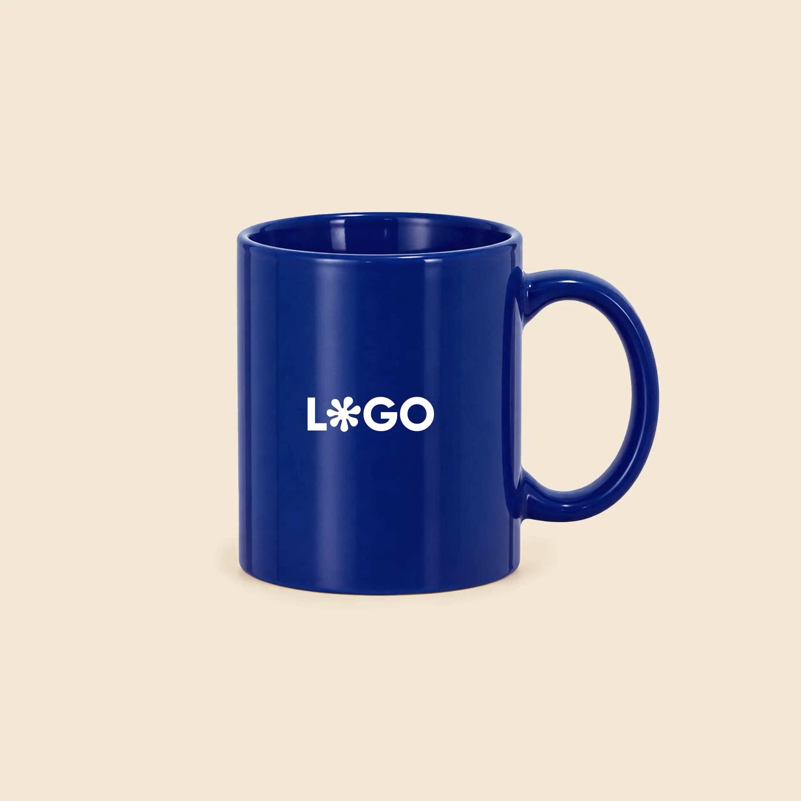 Taza de cerámica personalizada color azul oscuro con logo impreso en blanco