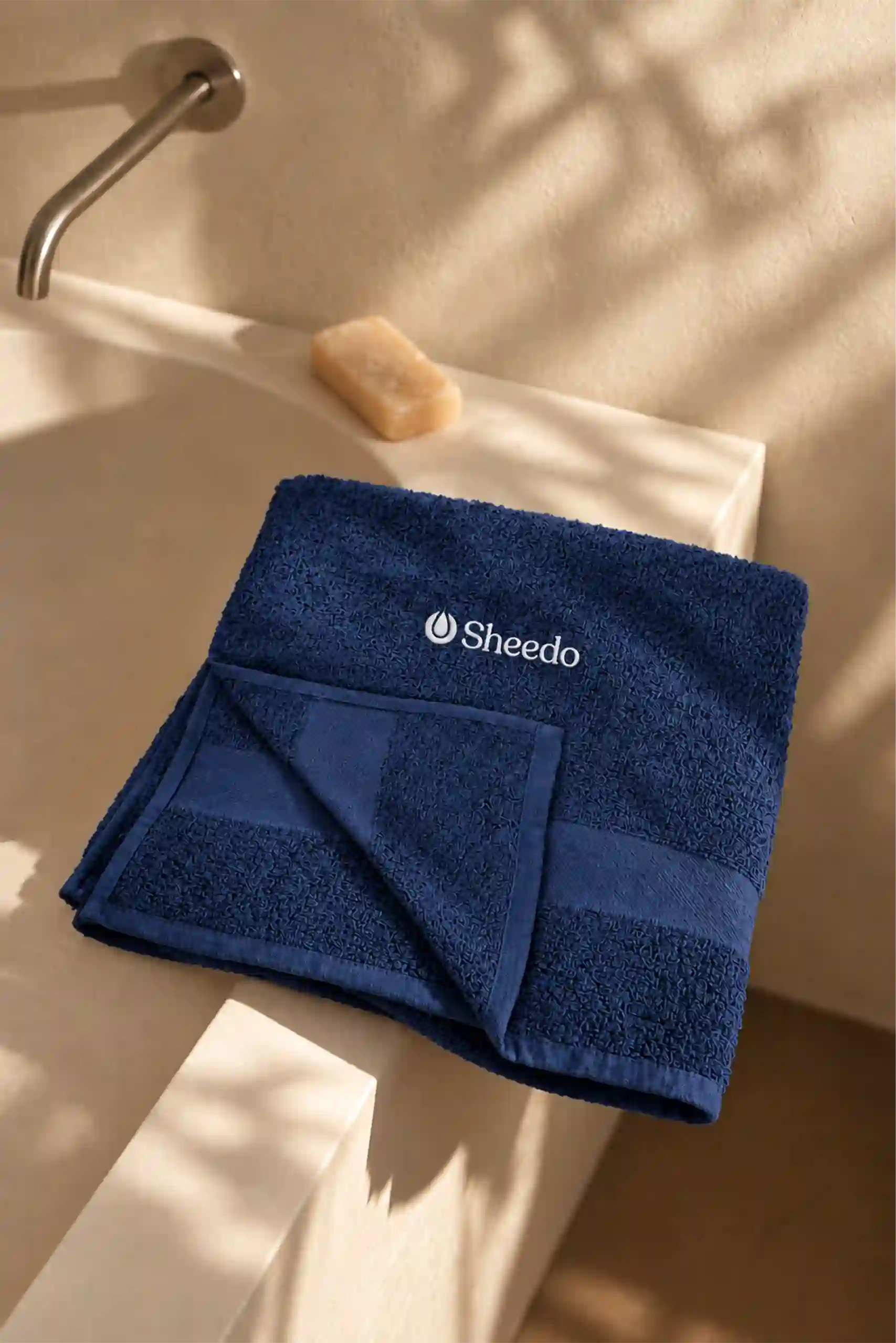 Toalla de algodón personalizada azul marino doblada sobre un lavabo beige, con logotipo de empresa bordado en blanco