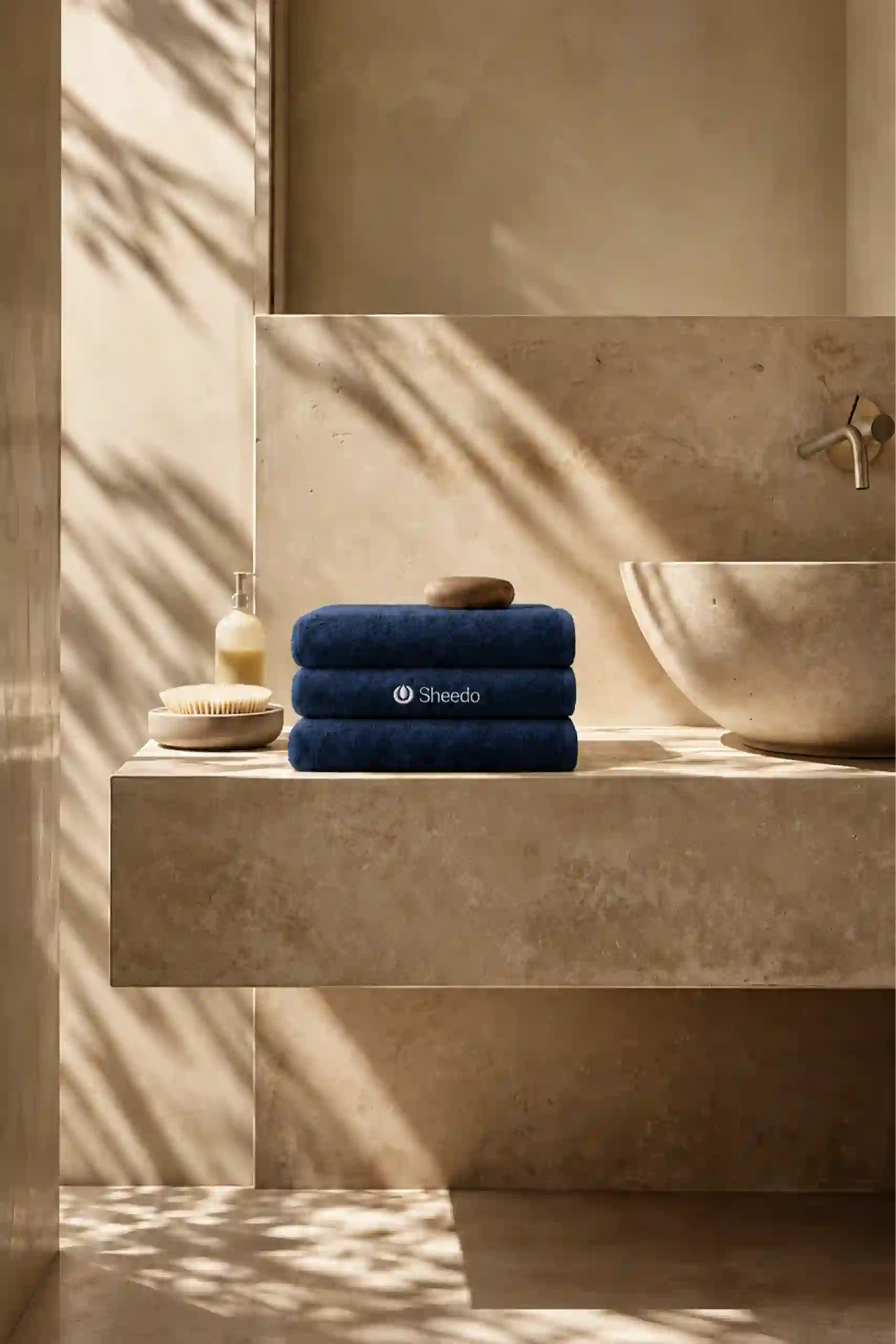 Tres toallas de algodón personalizadas azul marino apiladas sobre una encimera de travertino, con logotipo bordado en blanco